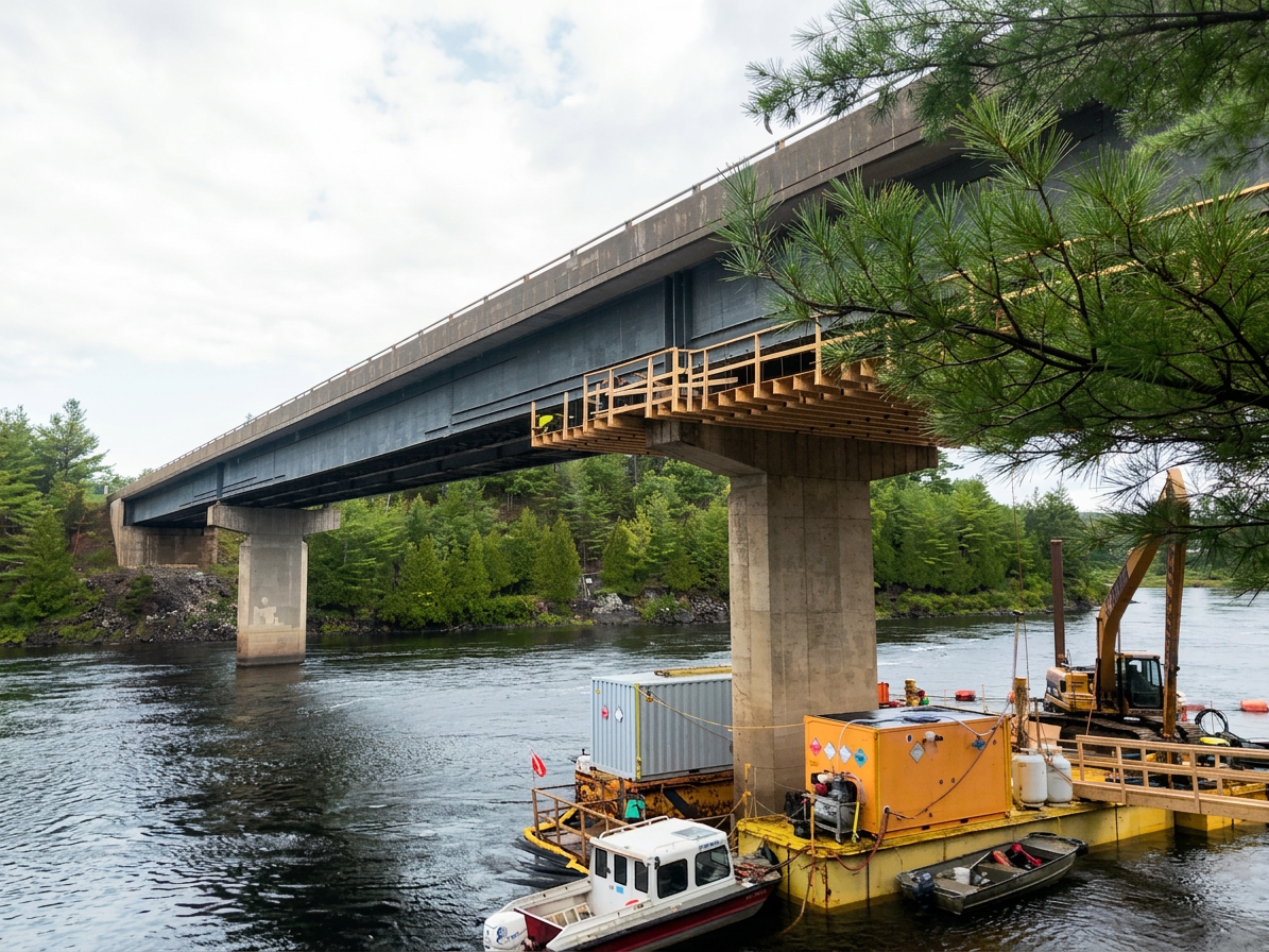 Réfection du pont de Portage-du-Fort, Travaux subaquatiques et métallisation | Outaouais Interprojet Construction | Entrepreneur général en génie civil et bâtiment au Québec